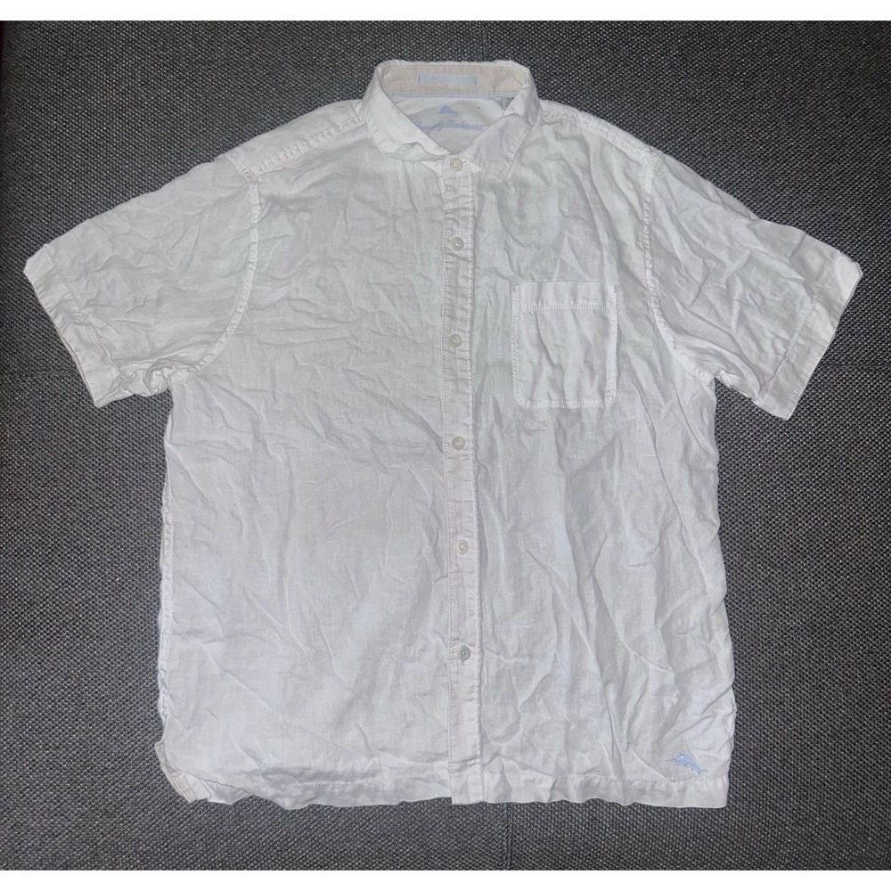 Tommy Bahama 100% Linen White Short Sleeve Button Shirt Mens Size Large L Casual